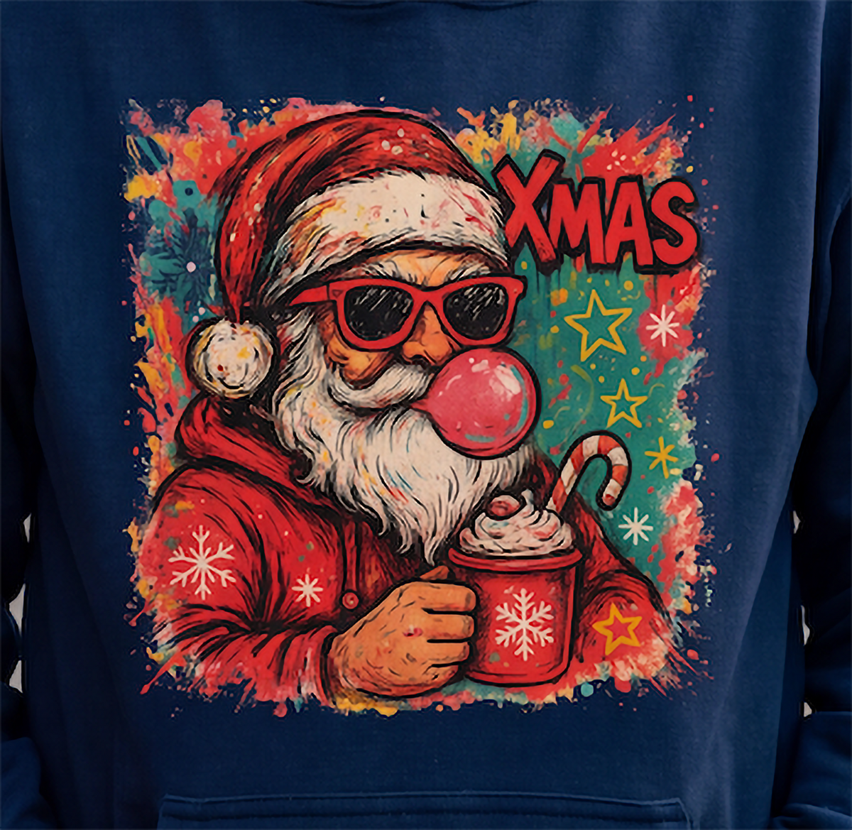 Close-up of navy blue Bubblegum Santa Christmas hoodie with sunglasses Santa artwork