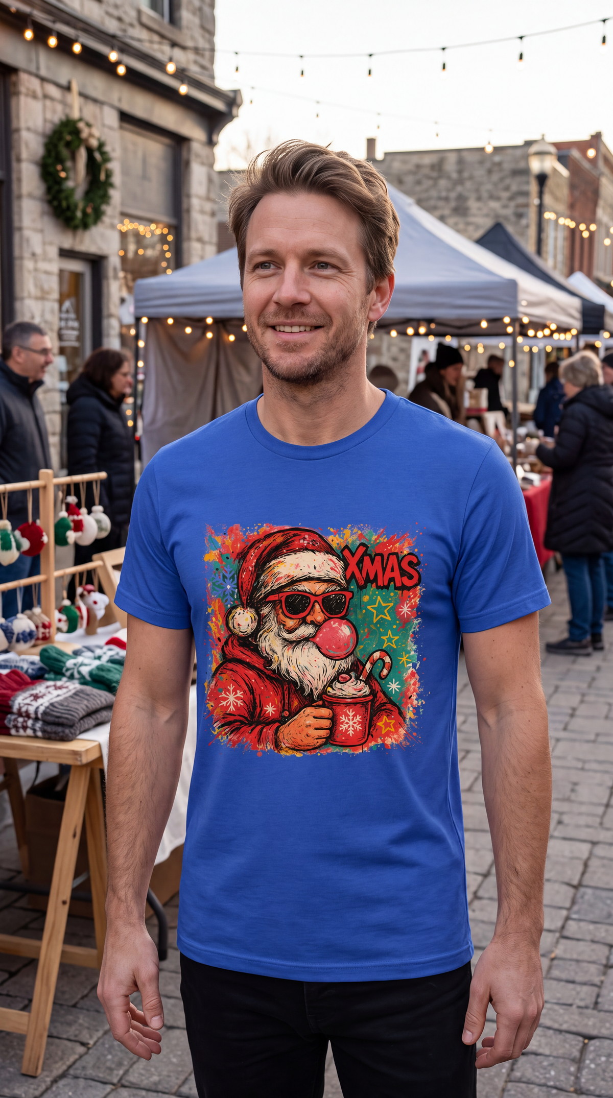 Man wearing blue Retro Bubblegum Santa Christmas graphic T-shirt