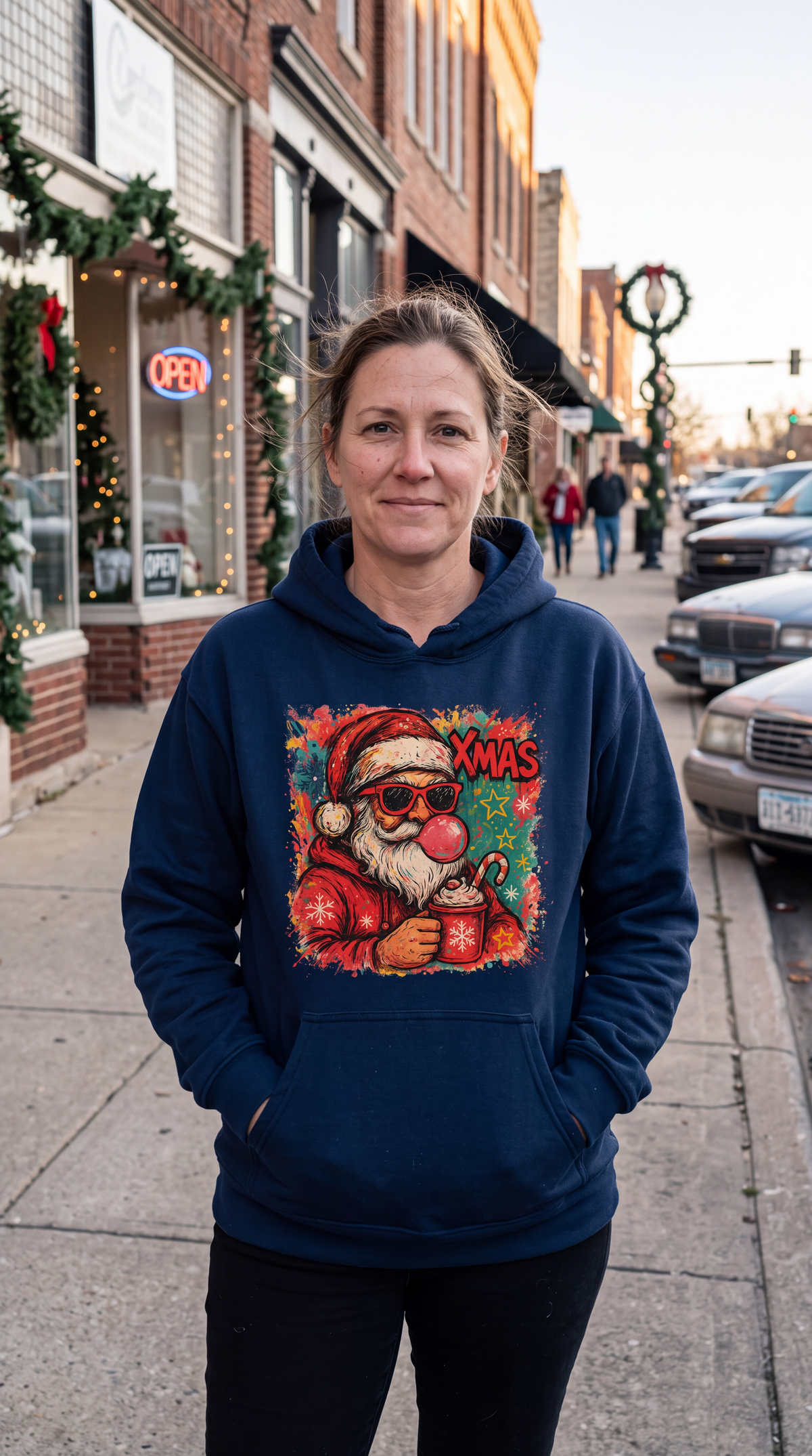 Woman wearing navy blue retro Santa Christmas hoodie with bubblegum Santa design