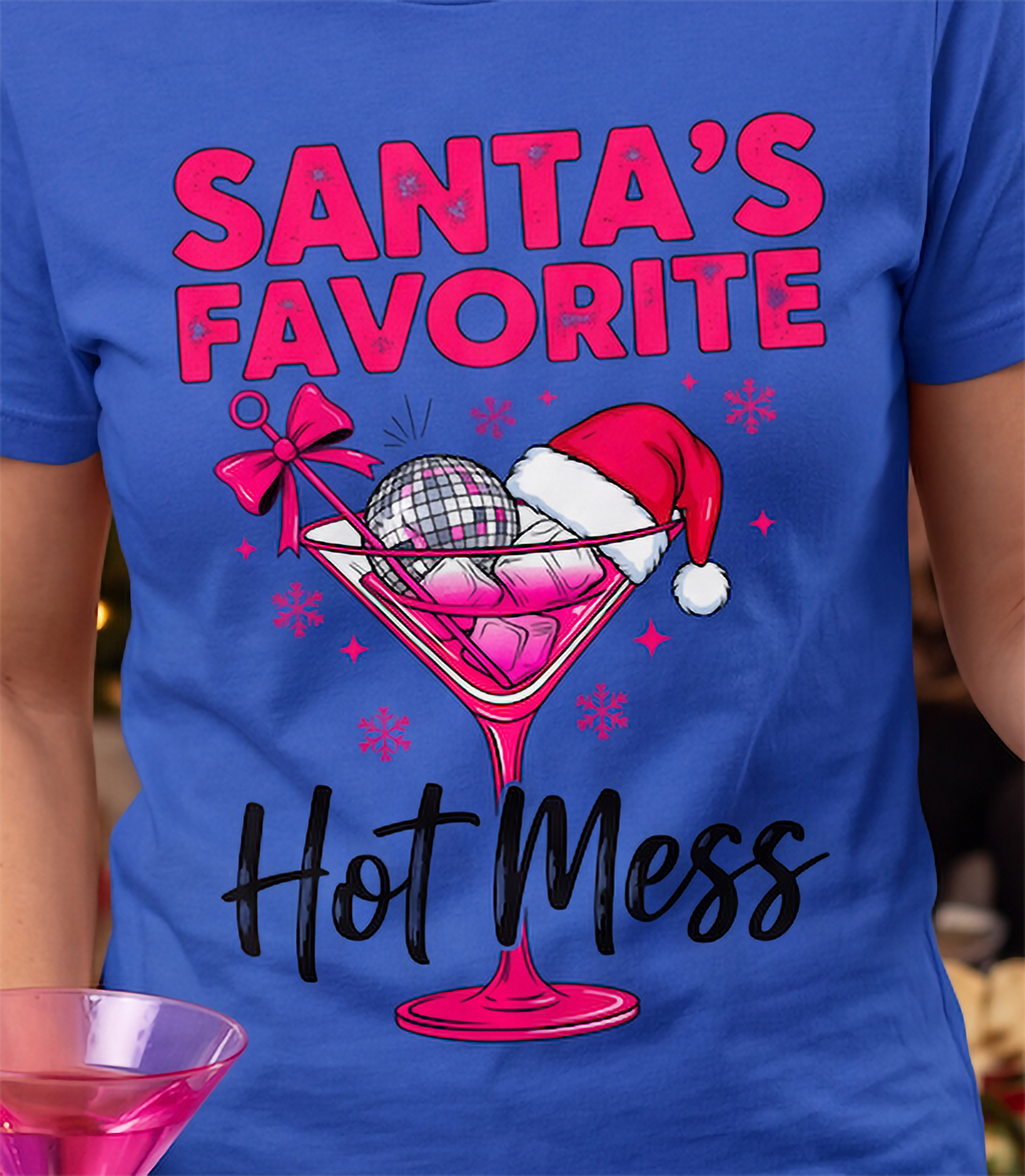 Close-up of Santa’s Favorite Hot Mess Christmas graphic on blue shirt.