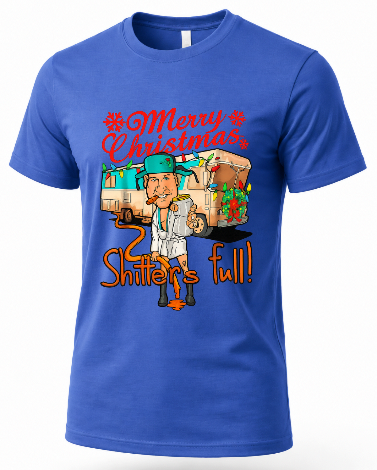 Blue Shirt Mockup: Blue unisex Christmas graphic t-shirt featuring Merry Christmas Shitter's Full lettering and colorful holiday camper design.