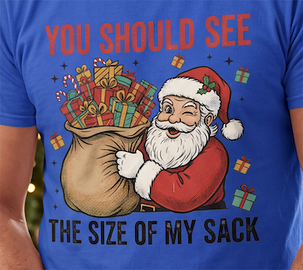 Close-up of humorous Santa Size of My Sack Christmas graphic printed on a blue shirt.