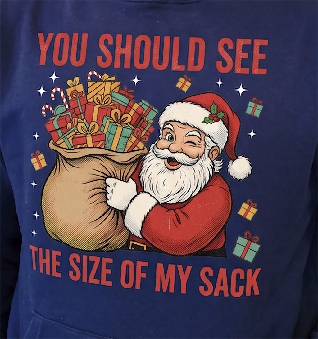 Close-up of navy blue funny Santa Christmas hoodie with sack of presents design