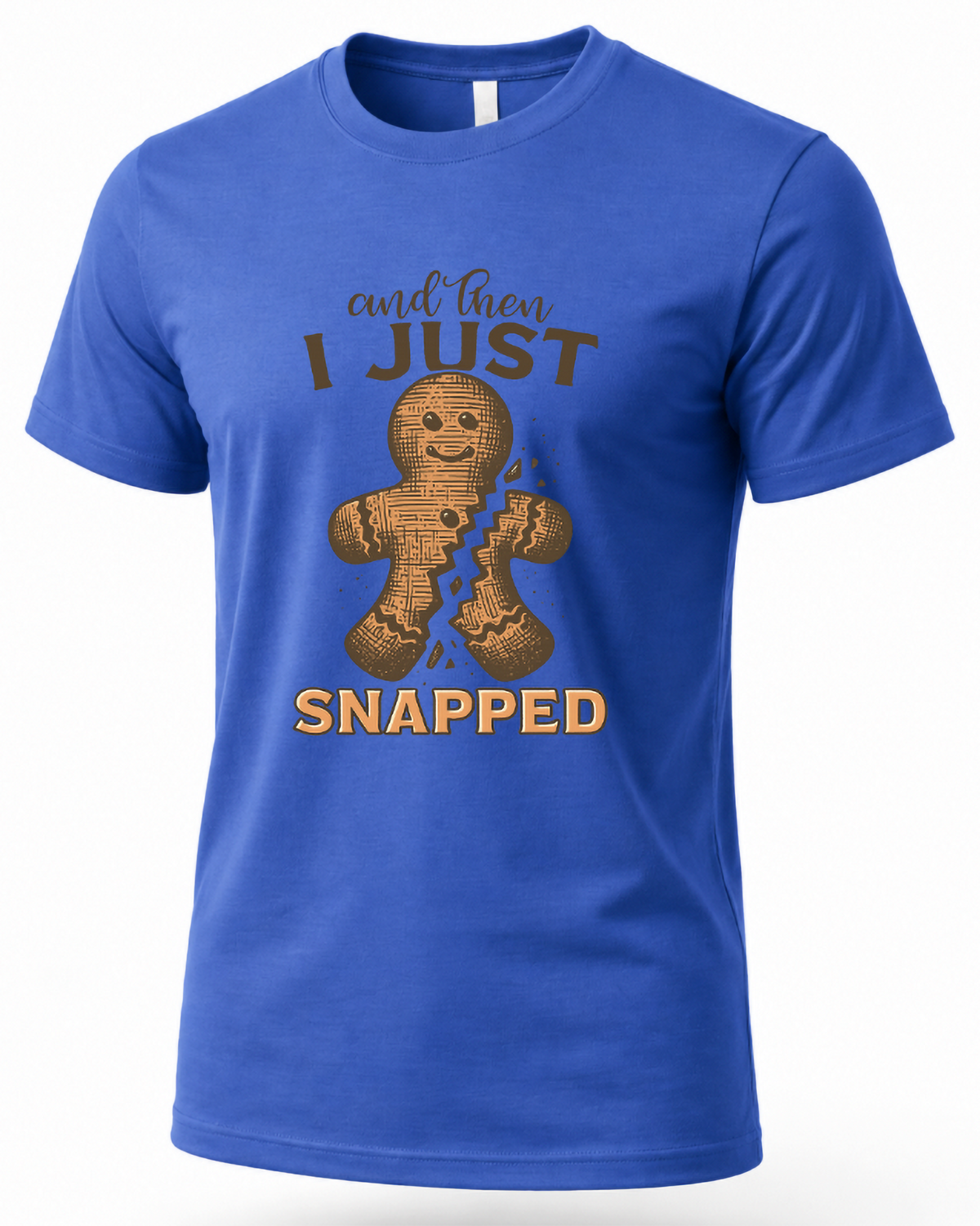 Blue Mockup: Blue unisex Christmas graphic tee featuring a distressed gingerbread man snapped in half with sarcastic holiday text.