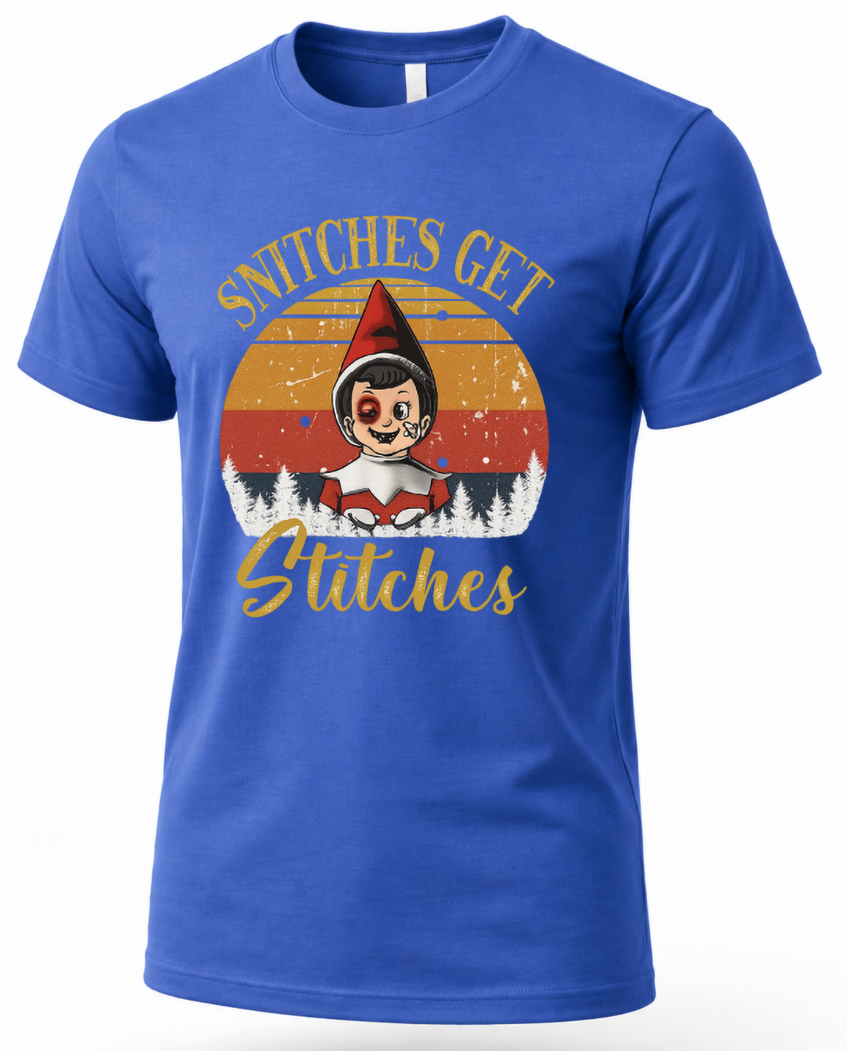 Blue unisex Snitches Get Stitches Christmas graphic tee with mischievous elf and vintage sunset design.