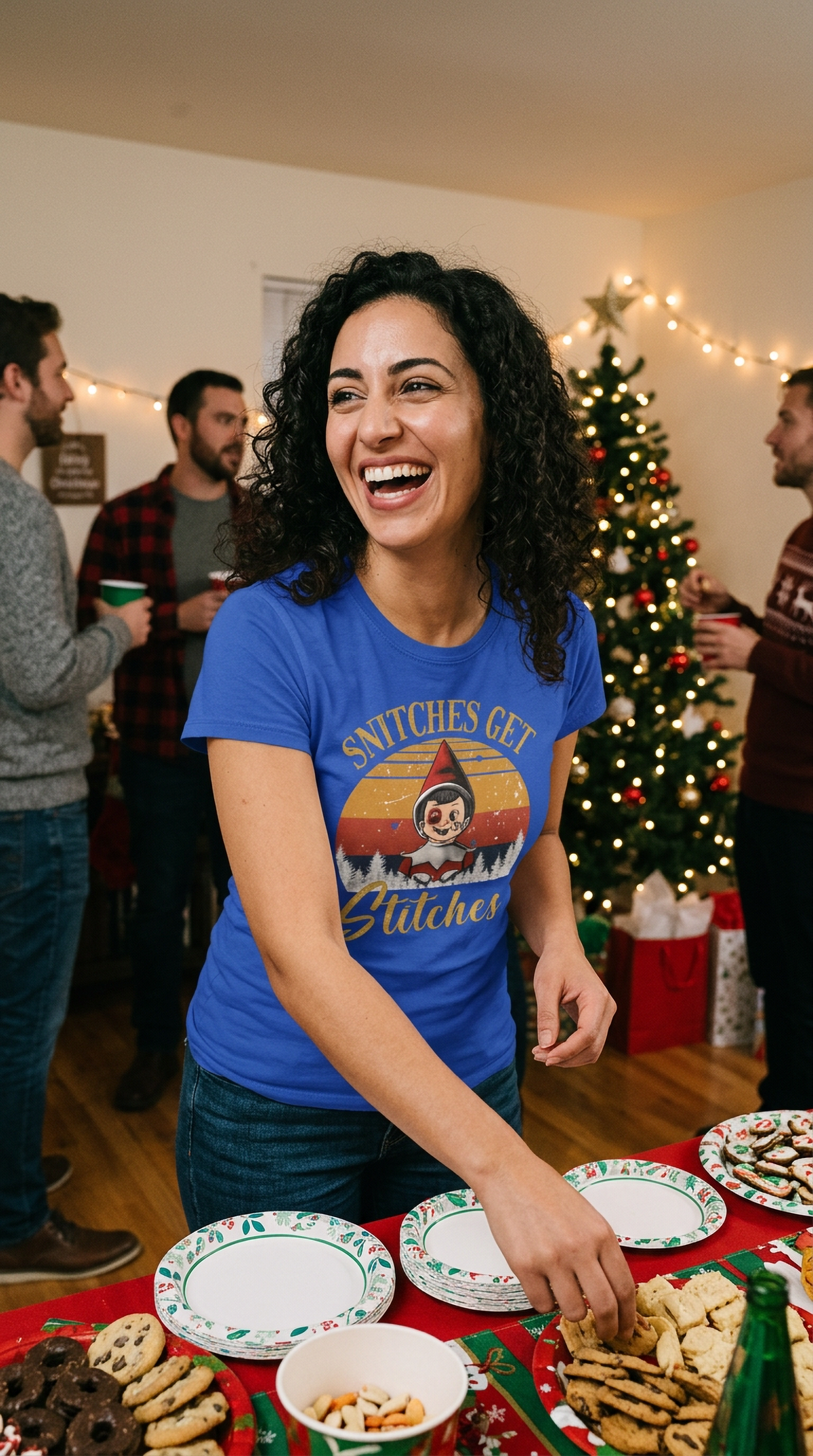 Woman wearing a blue funny Christmas elf t-shirt featuring retro holiday artwork and sarcastic Christmas humor.