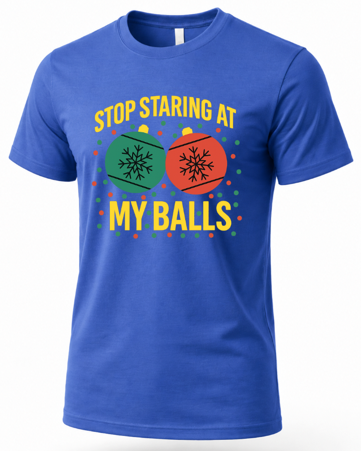Blue unisex funny Christmas graphic tee featuring red and green ornaments and bold yellow holiday lettering.