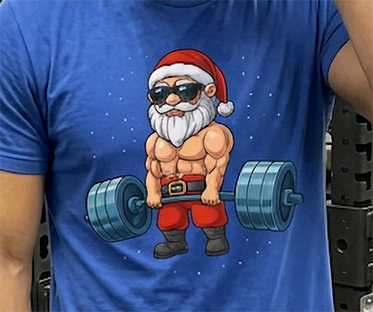 Close-up of muscular Santa weightlifting Christmas graphic on a blue unisex t-shirt.