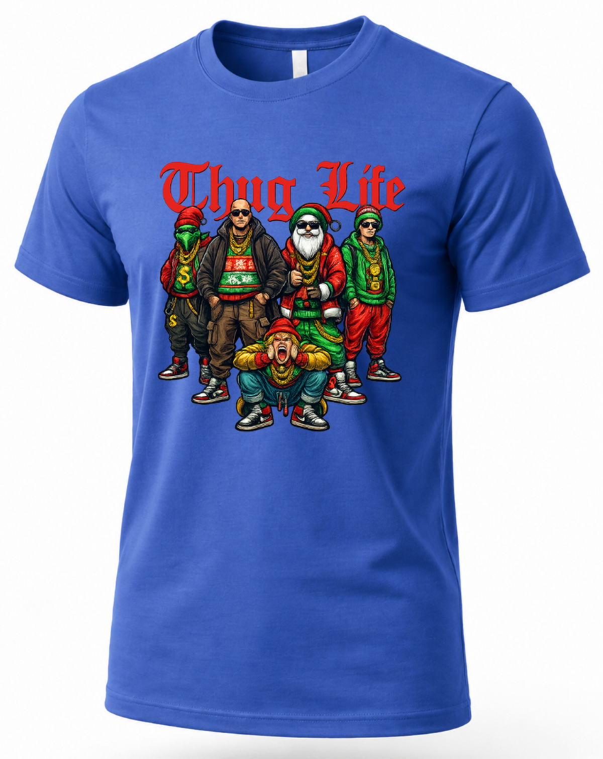 Blue Thug Life Christmas t-shirt with colorful festive hip hop characters and red holiday lettering
