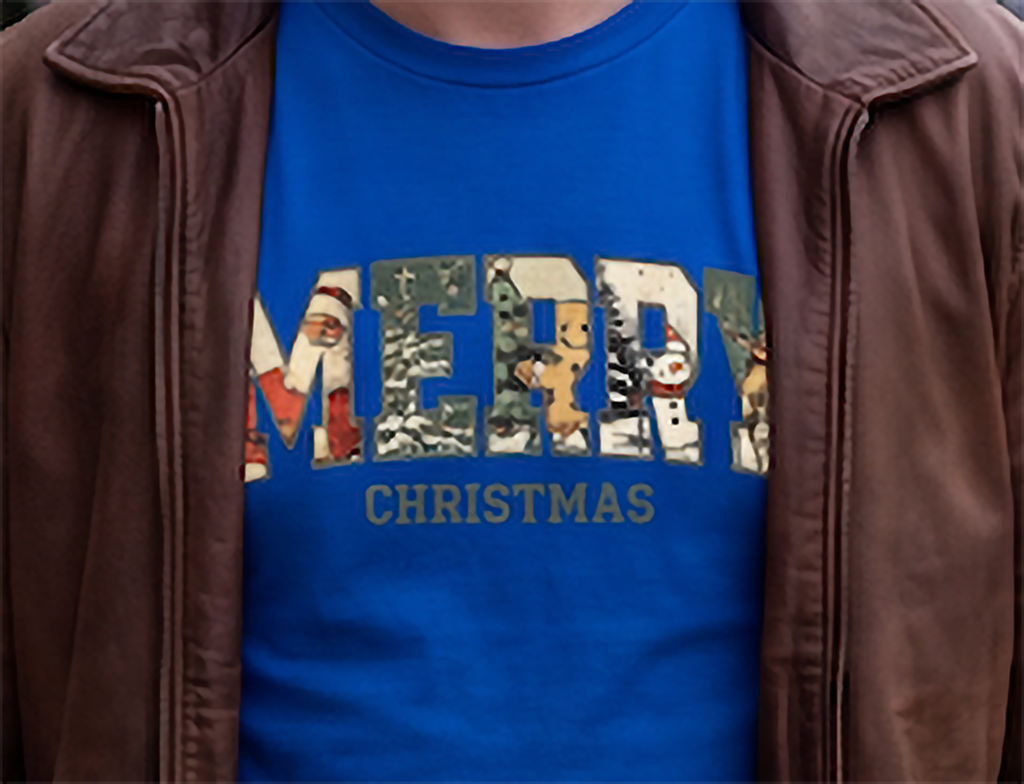 Close-up of blue Vintage Merry Christmas shirt showing the vintage-inspired Christmas design.
