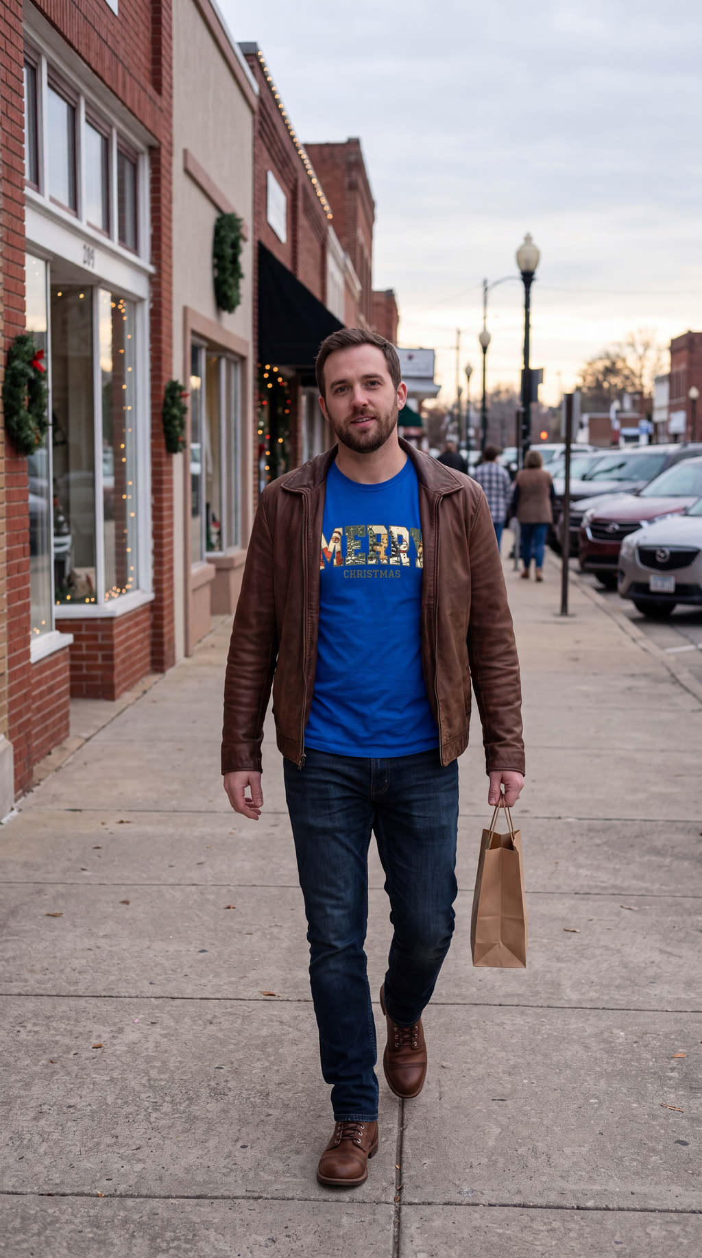 Man wearing a blue Vintage Merry Christmas shirt outdoors in a festive downtown setting.