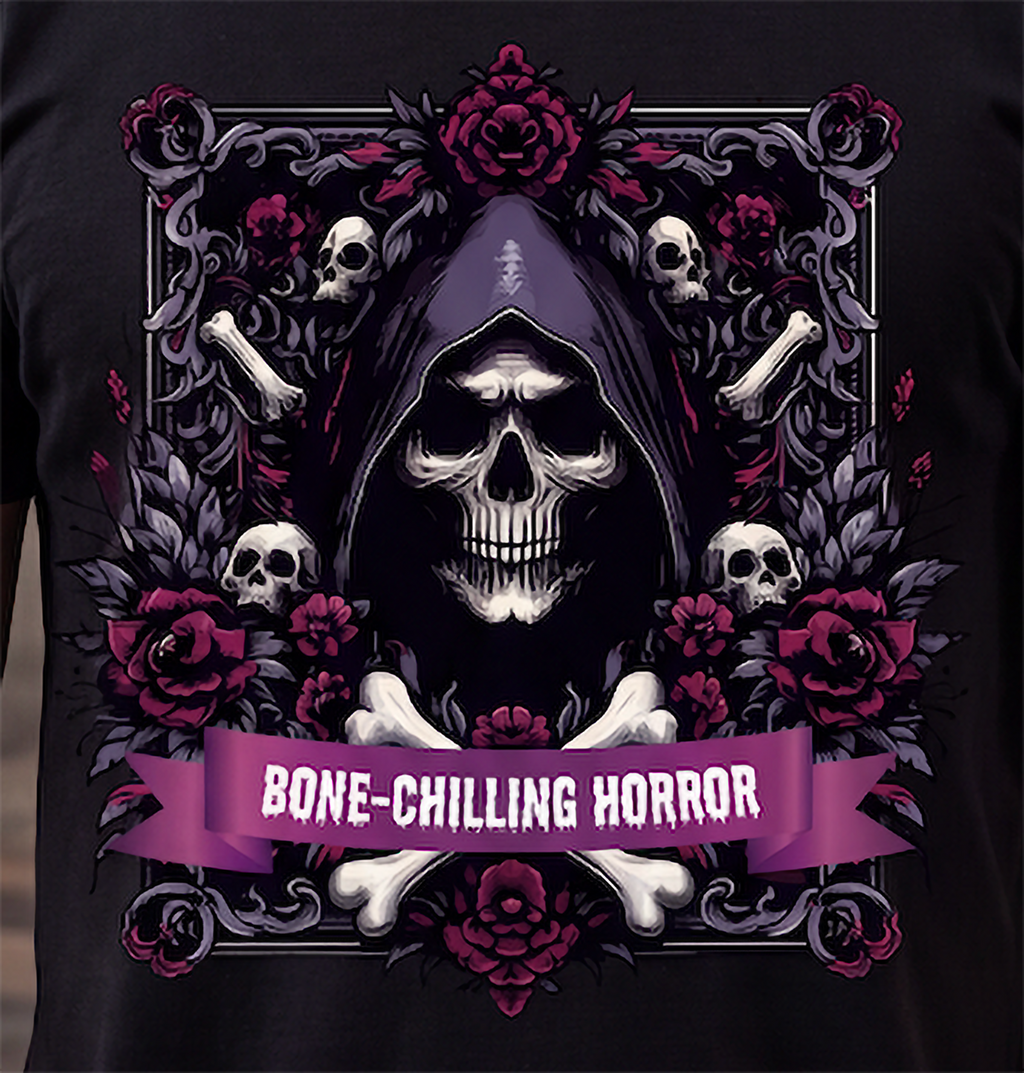 Close-up of Bone-Chilling Horror skull graphic on black shirt with burgundy roses and gothic frame