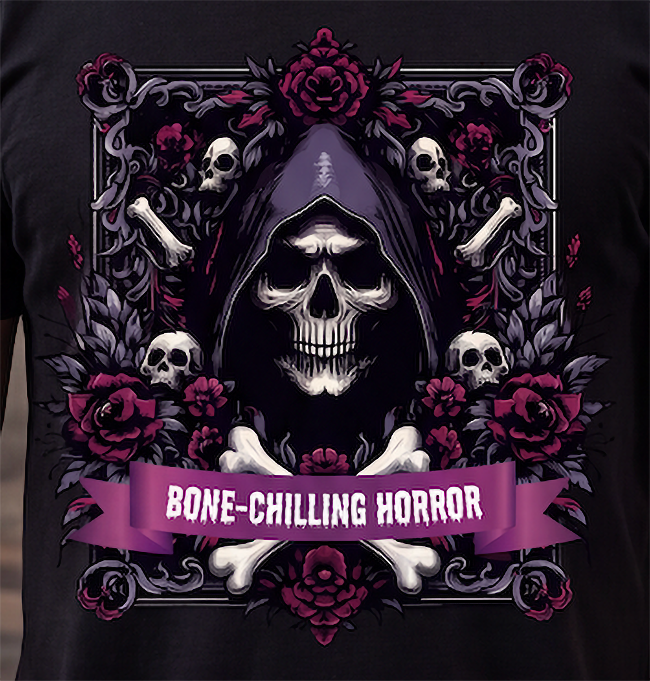 Close-up of Bone-Chilling Horror skull graphic on black shirt with burgundy roses and gothic frame