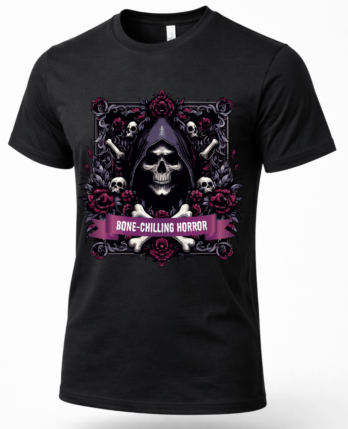 Black grim reaper graphic tee featuring hooded skull, skeleton bones and dark floral gothic artwork