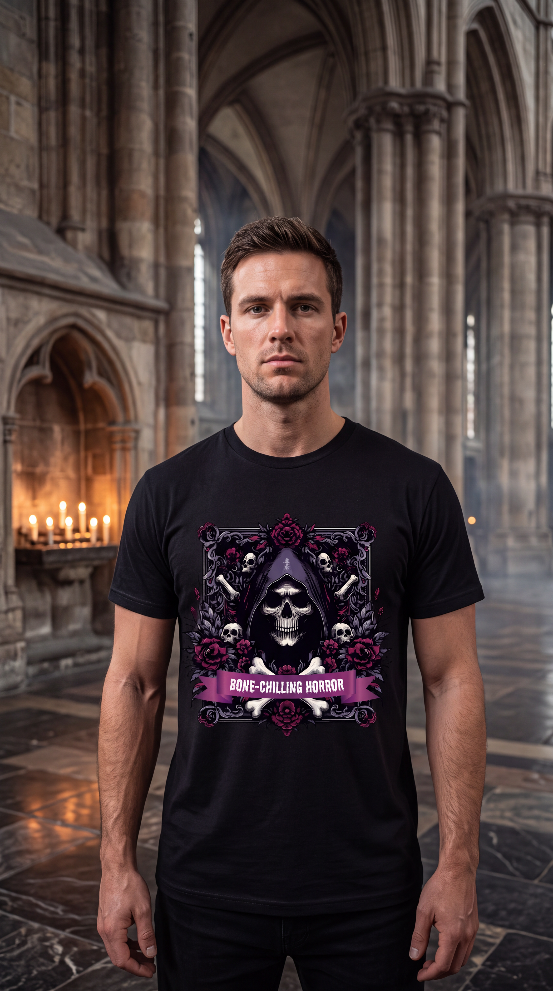 Male model wearing black gothic grim reaper shirt with skull, bones and Bone-Chilling Horror design