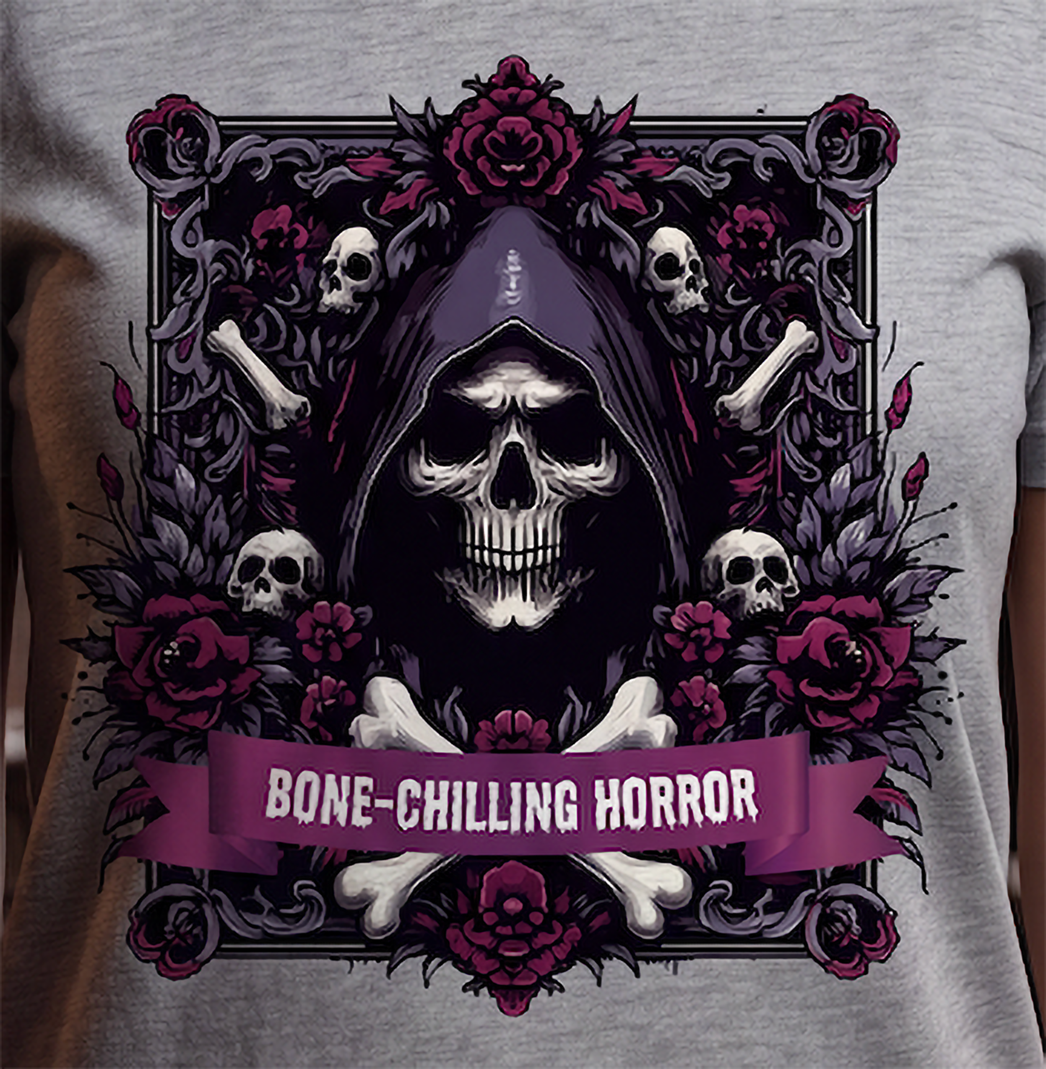 Close-up of Bone-Chilling Horror grim reaper artwork on white shirt with skulls, bones and roses