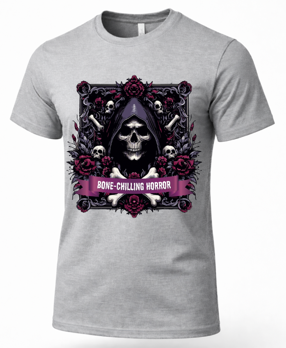 White gothic grim reaper graphic tee with hooded skull, bones and burgundy roses