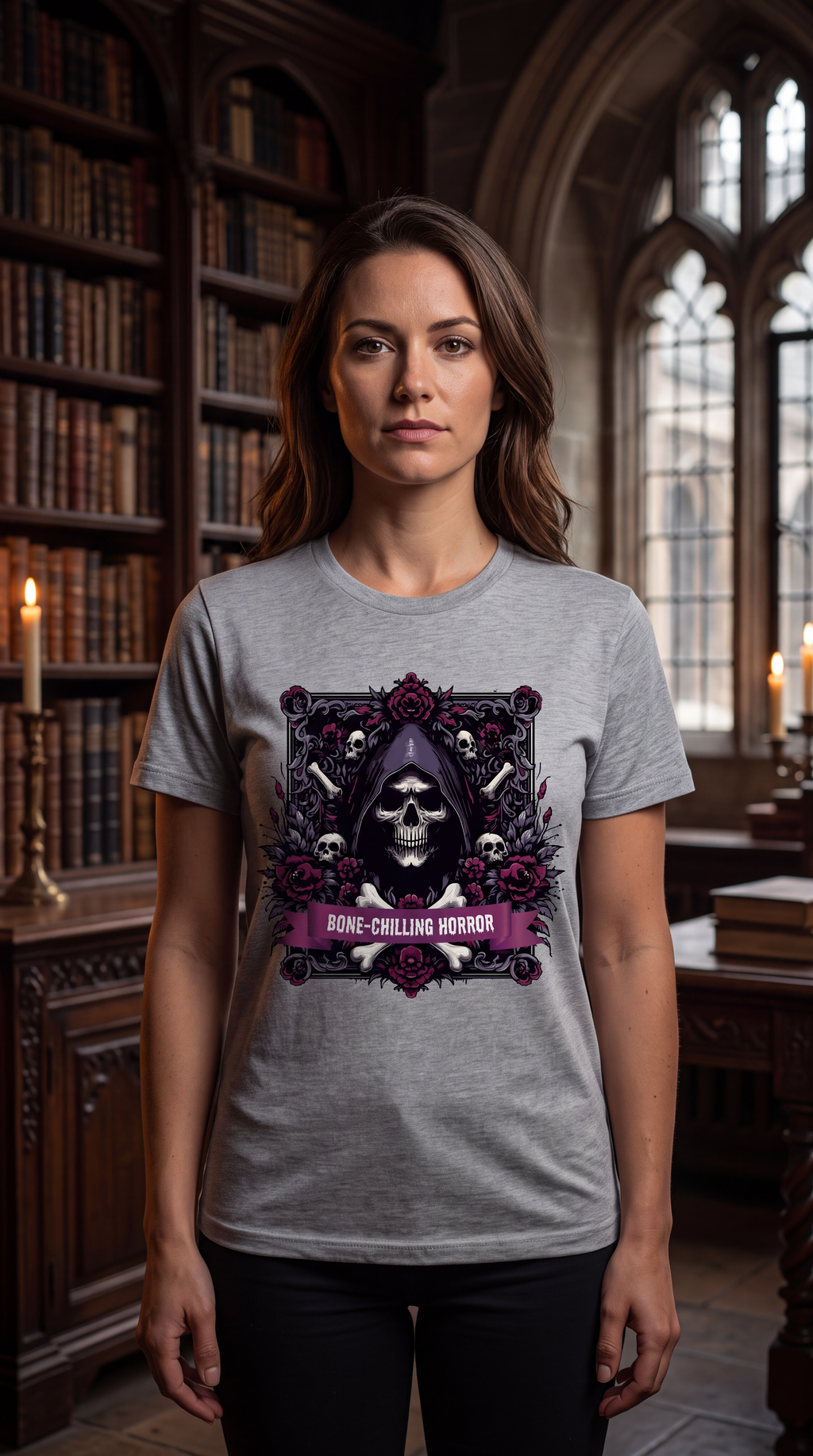 Female model wearing white gothic horror shirt featuring grim reaper skull, bones and floral artwork