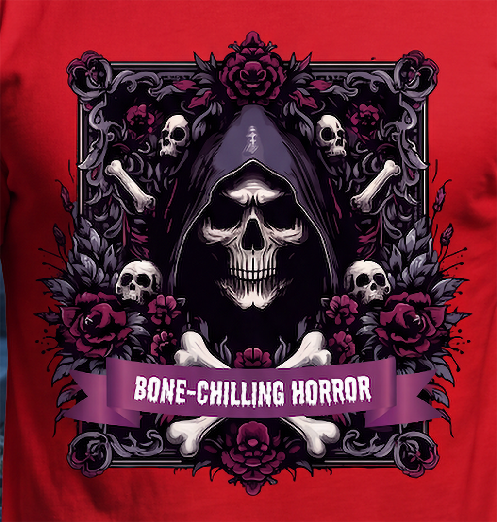 Close-up of Bone-Chilling Horror graphic on red shirt featuring grim reaper skull, bones and gothic roses