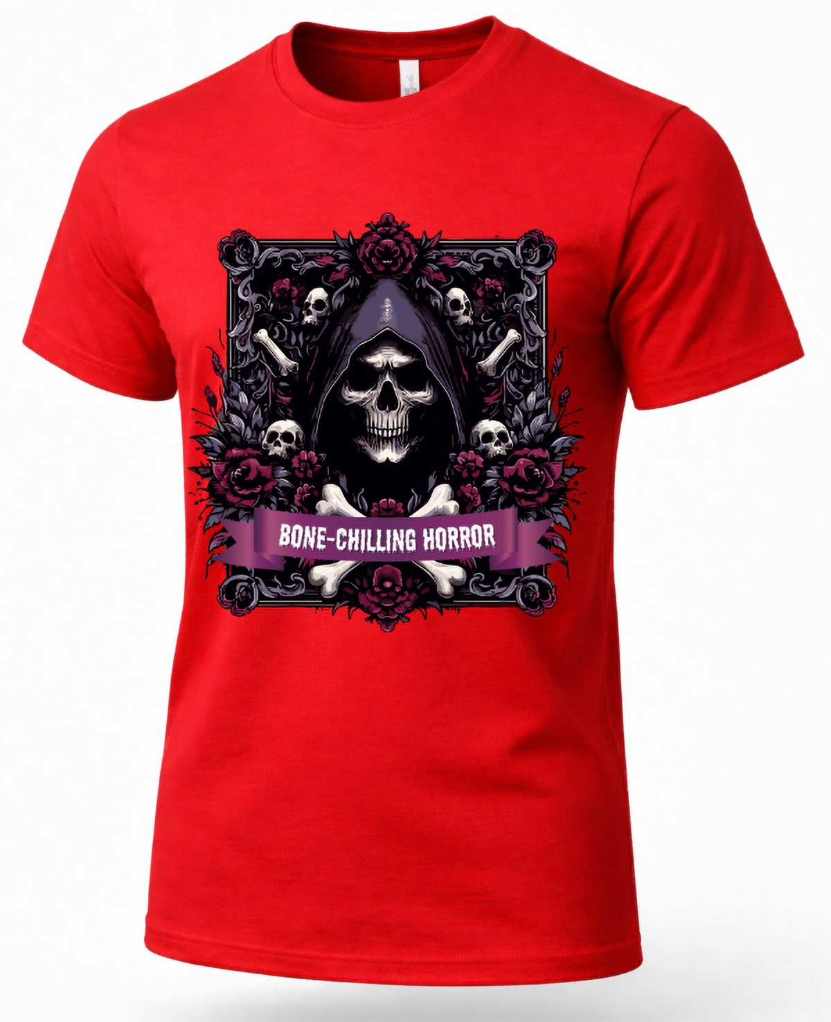 Red grim reaper graphic tee with hooded skull, bones, burgundy roses and Bone-Chilling Horror banner