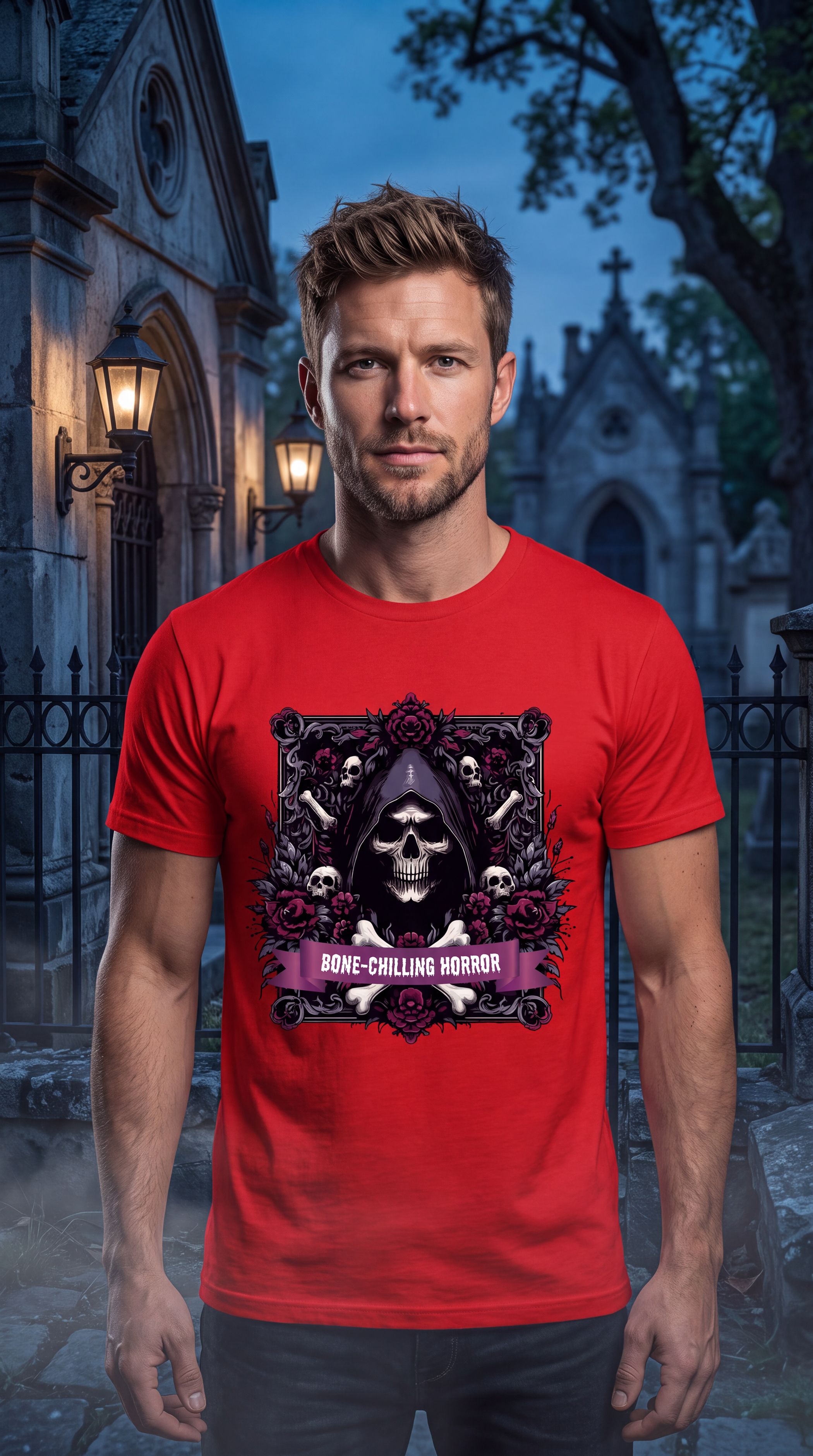 Male model wearing red grim reaper Halloween shirt featuring gothic skull and dark floral artwork