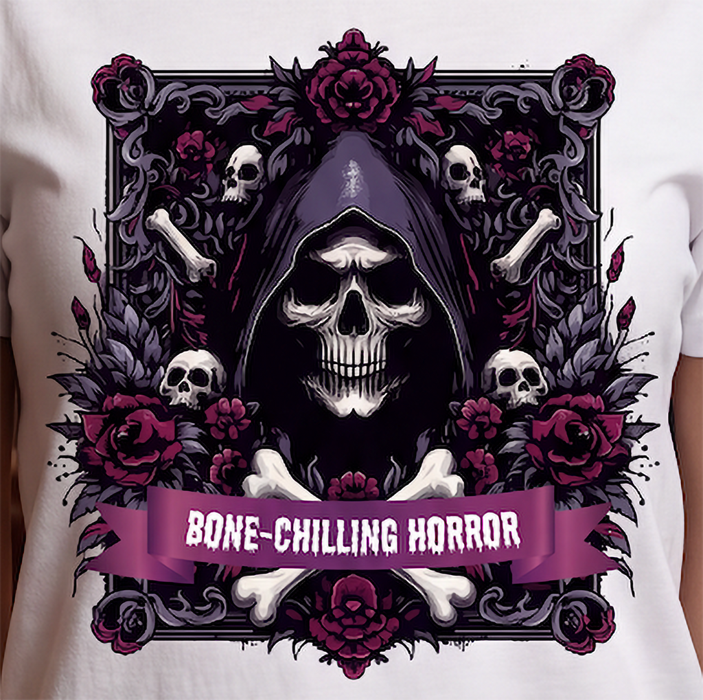 Close-up of Bone-Chilling Horror grim reaper design with hooded skull, bones and dark floral details