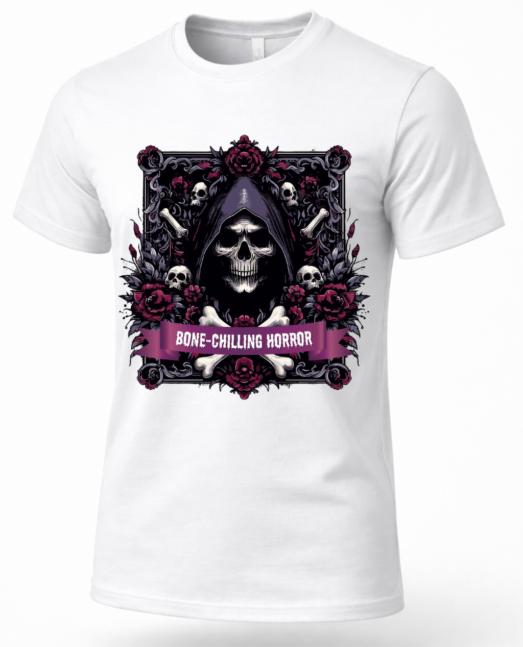 White grim reaper graphic shirt featuring hooded skull, bones and burgundy rose gothic artwork