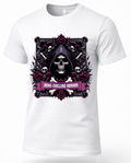 White grim reaper graphic shirt featuring hooded skull, bones and burgundy rose gothic artwork