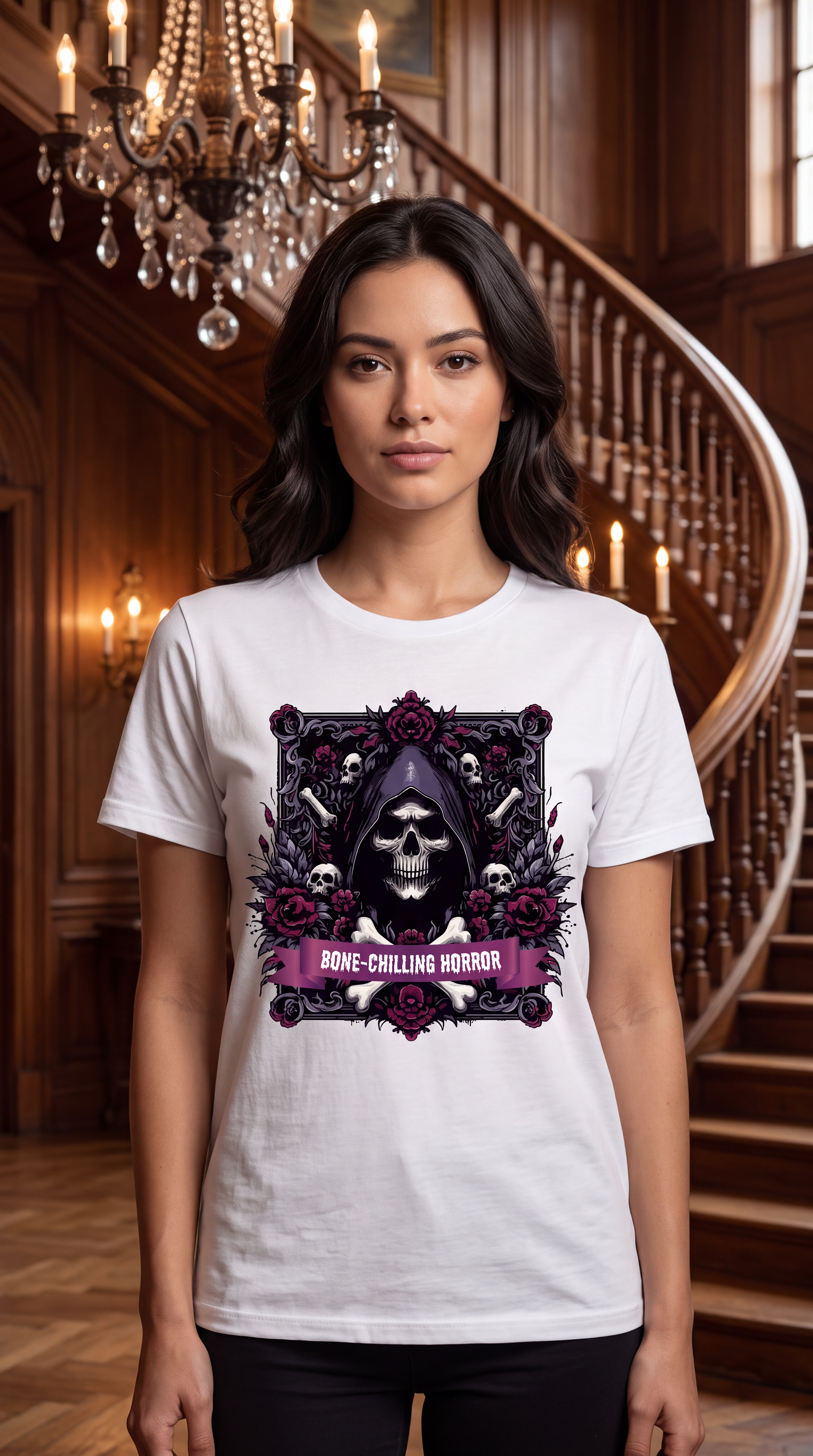 Female model wearing white grim reaper shirt with gothic skull, bones and dark floral Bone-Chilling Horror graphic