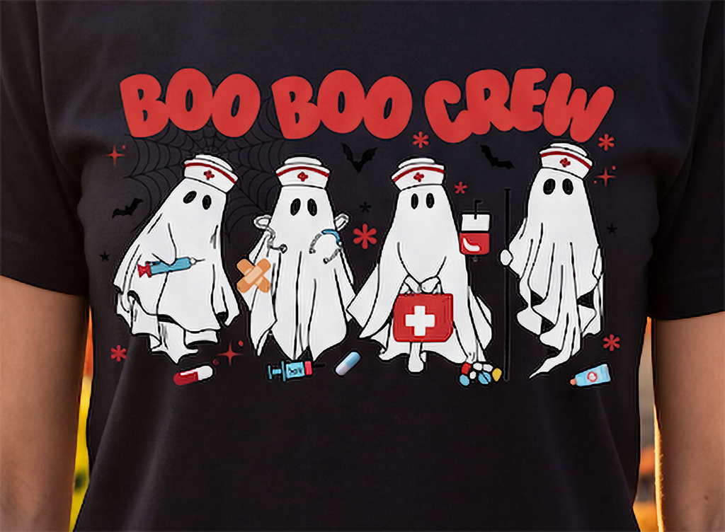 Close-up of nurse ghost Halloween graphic with Boo Boo Crew lettering, nurse caps, syringes, medical bag, IV stand and bats.