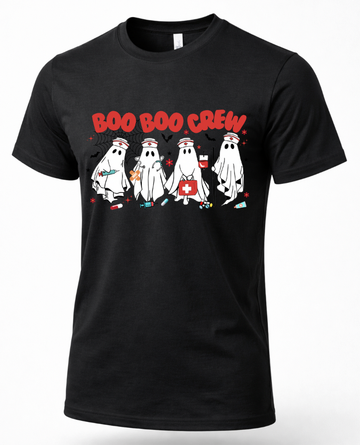 Black nurse Halloween shirt with Boo Boo Crew ghost nurses, medical supplies, bats and spiderweb graphic.