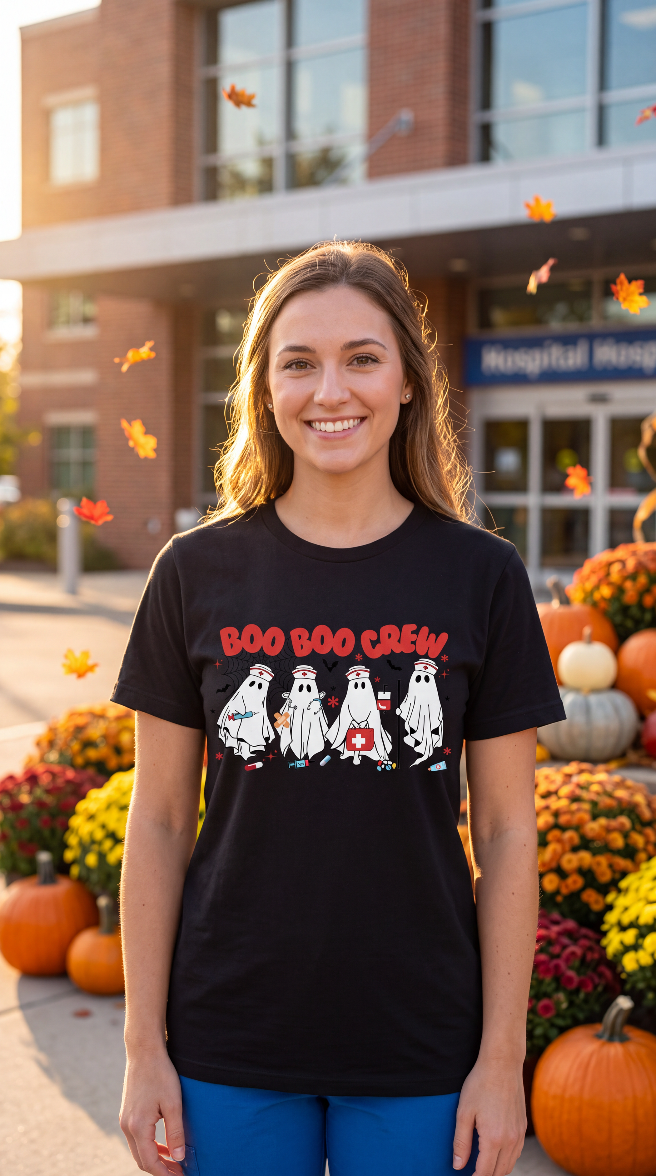 Woman wearing a black nurse Halloween shirt featuring Boo Boo Crew ghost nurses and healthcare-themed Halloween artwork.