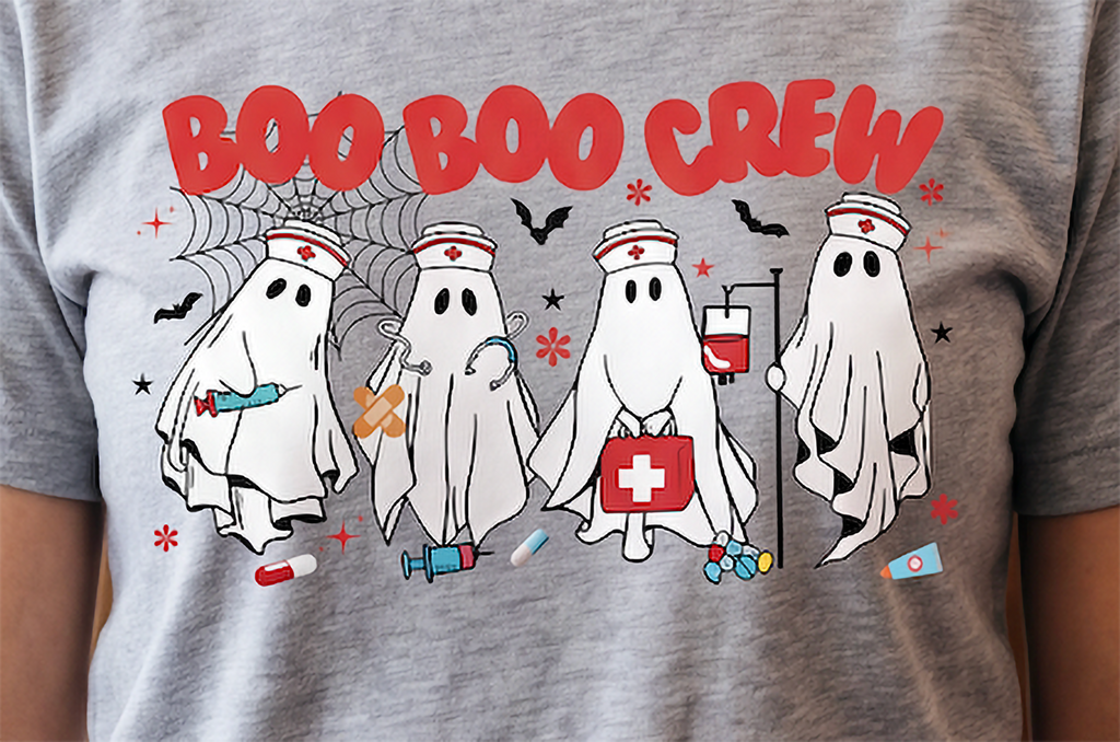 Close-up of Boo Boo Crew nurse Halloween design on heather gray with four ghost nurses, medical accessories, bats and spiderweb.