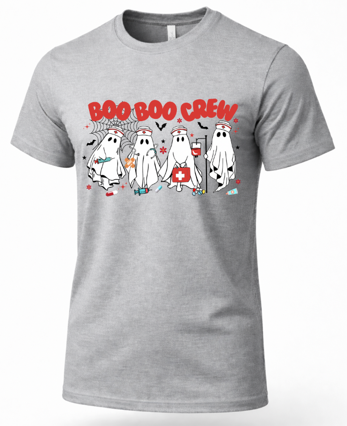 Heather gray nurse Halloween shirt featuring Boo Boo Crew ghost nurses, medical supplies, bats and spiderweb artwork.