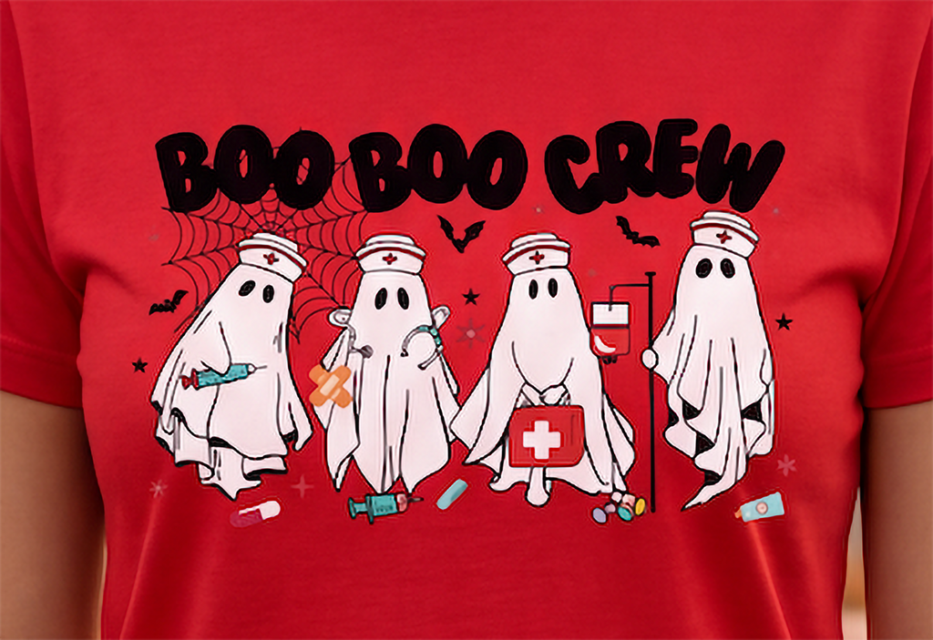Close-up of Boo Boo Crew nurse Halloween graphic featuring four ghost nurses, syringes, medical bag, IV stand, bats and spiderweb.