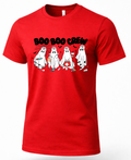 Red nurse Halloween shirt with Boo Boo Crew ghost nurses, medical supplies, bats and spiderweb graphic.