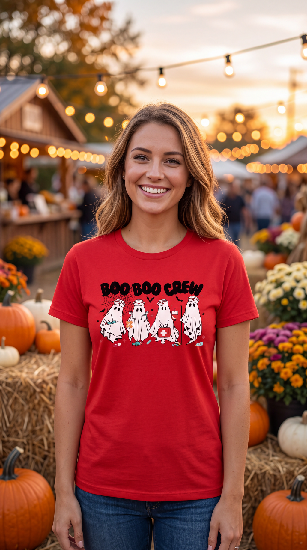 Woman wearing a red nurse Halloween shirt featuring Boo Boo Crew ghosts, nurse caps, medical supplies and spooky healthcare graphics.