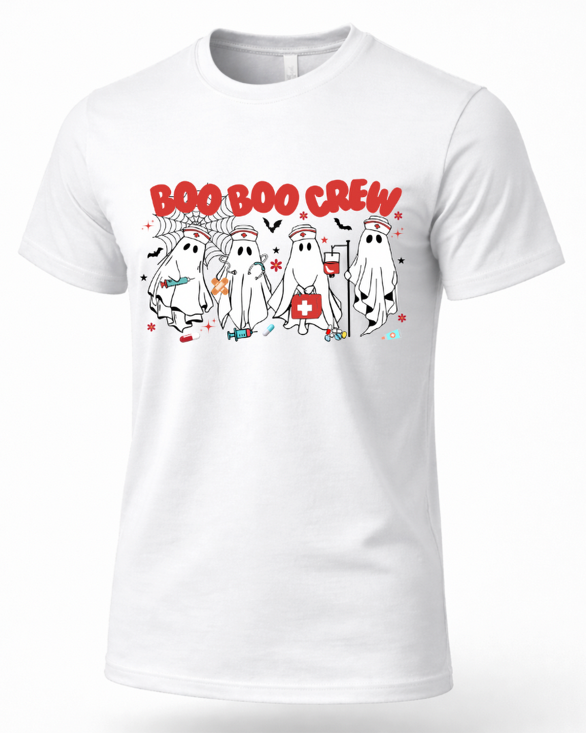 White nurse Halloween shirt featuring Boo Boo Crew ghosts in nurse caps with medical supplies, bats and spiderweb.