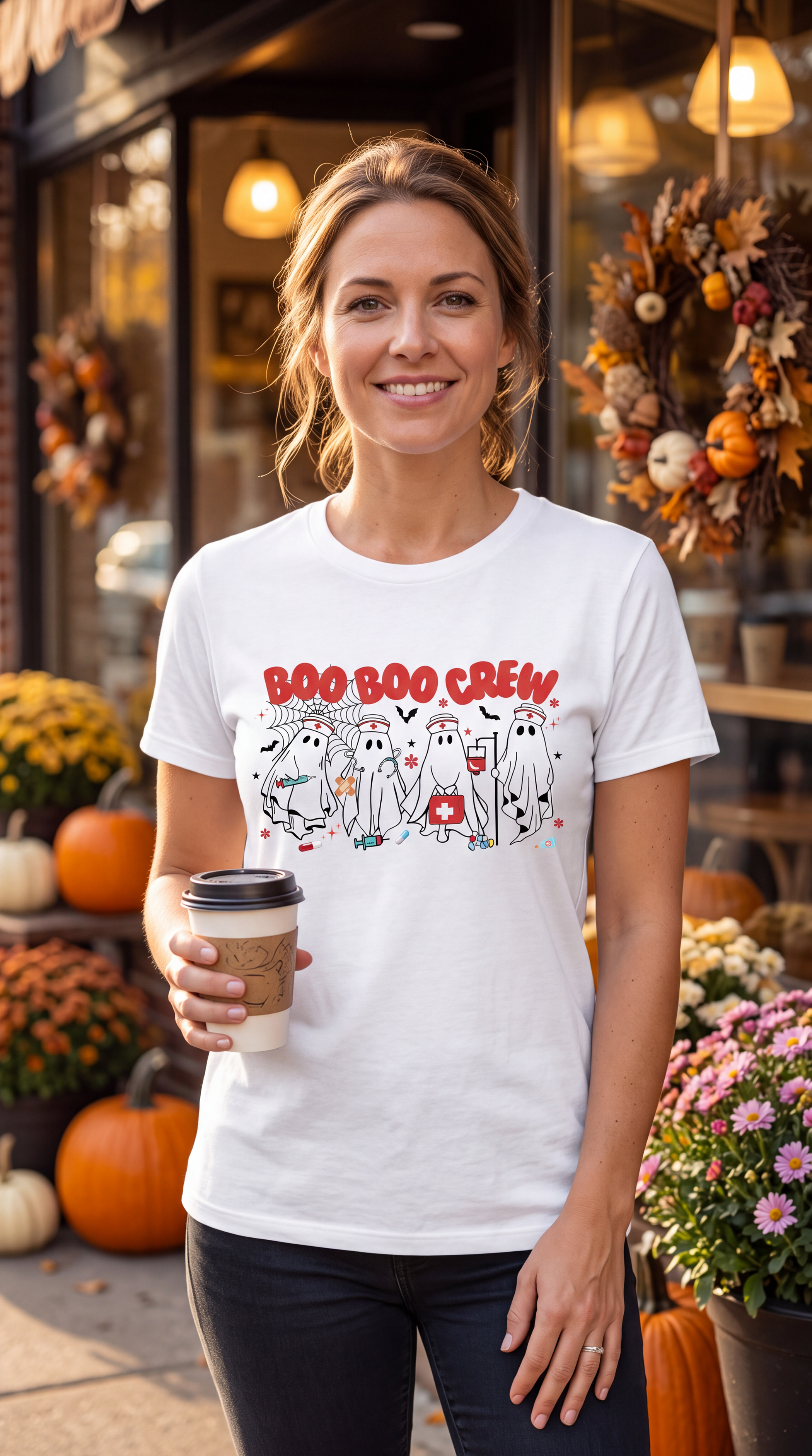 Woman wearing a white nurse Halloween shirt with Boo Boo Crew ghost nurses and medical-themed spooky season artwork.