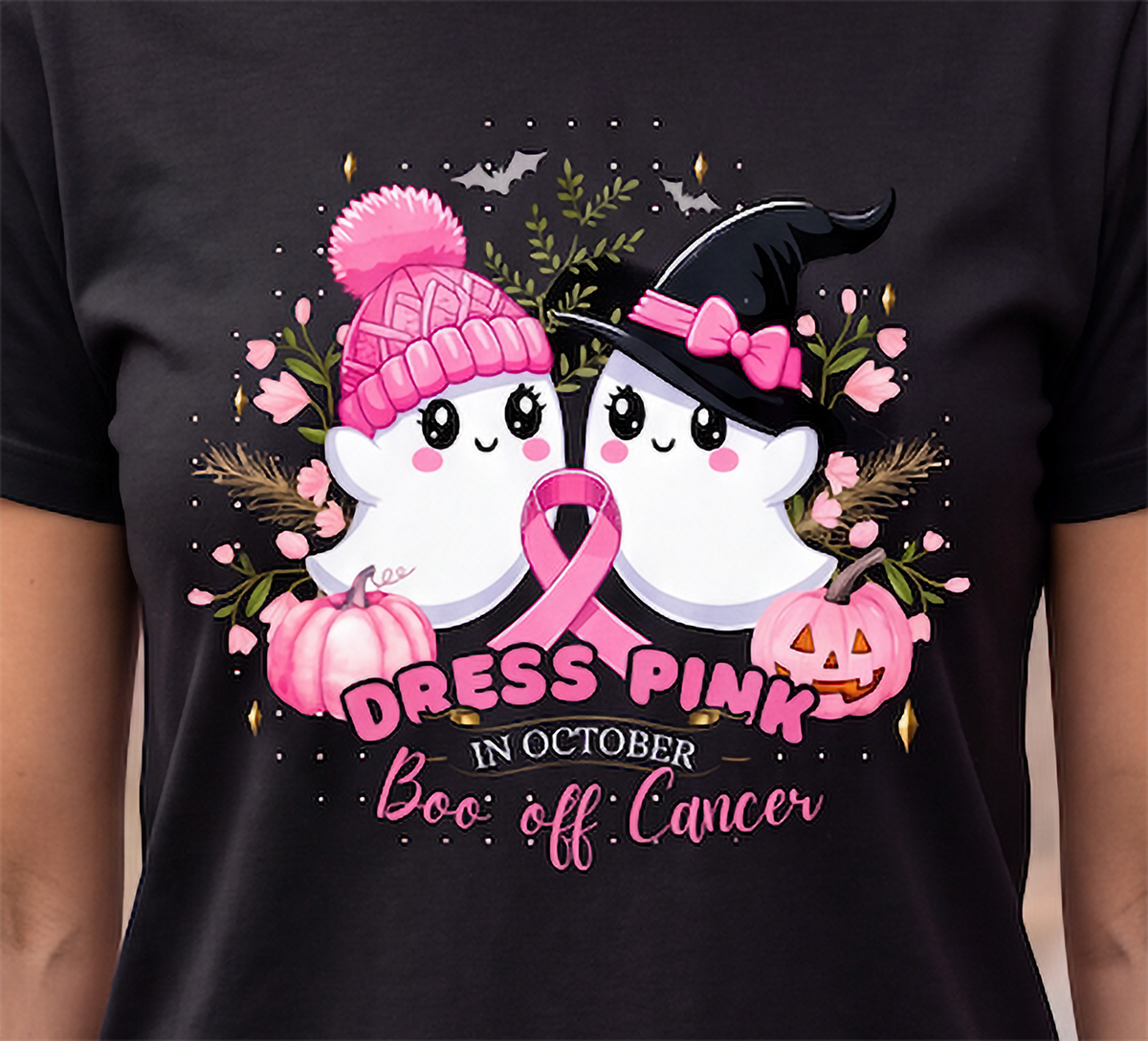 Close-up of breast cancer Halloween graphic with pink ribbon, cute ghosts, pink pumpkins, bats and Boo off Cancer October message.