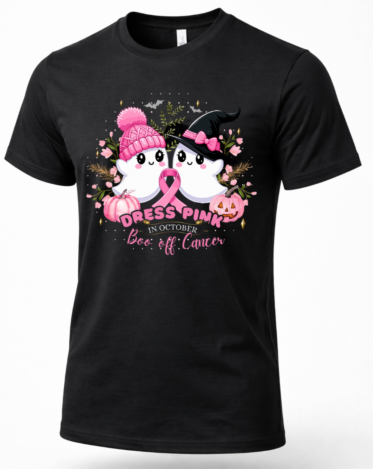 Black breast cancer awareness Halloween shirt featuring pink ribbon, cute ghosts, witch hat, pink pumpkins and bats.