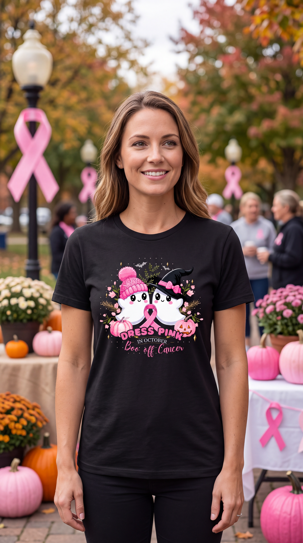 Woman wearing a black breast cancer Halloween shirt with cute ghosts, pink awareness ribbon, pumpkins and spooky October design.
