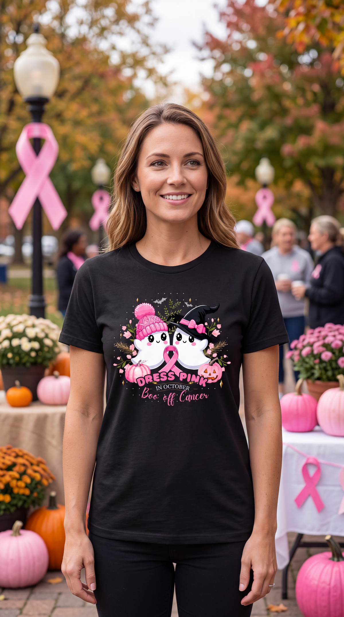 Woman wearing a black breast cancer Halloween shirt with cute ghosts, pink awareness ribbon, pumpkins and spooky October design.
