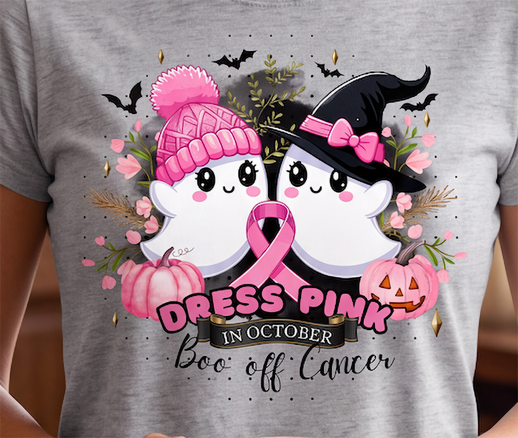A close-up of a person wearing a heather gray t-shirt with a colorful graphic print. The graphic features two cute cartoon ghosts, one in a pink knit hat and one in a black witch hat, holding a pink ribbon, surrounded by pumpkins, flowers, bats, and the text 'DRESS PINK IN OCTOBER Boo off Cancer'.