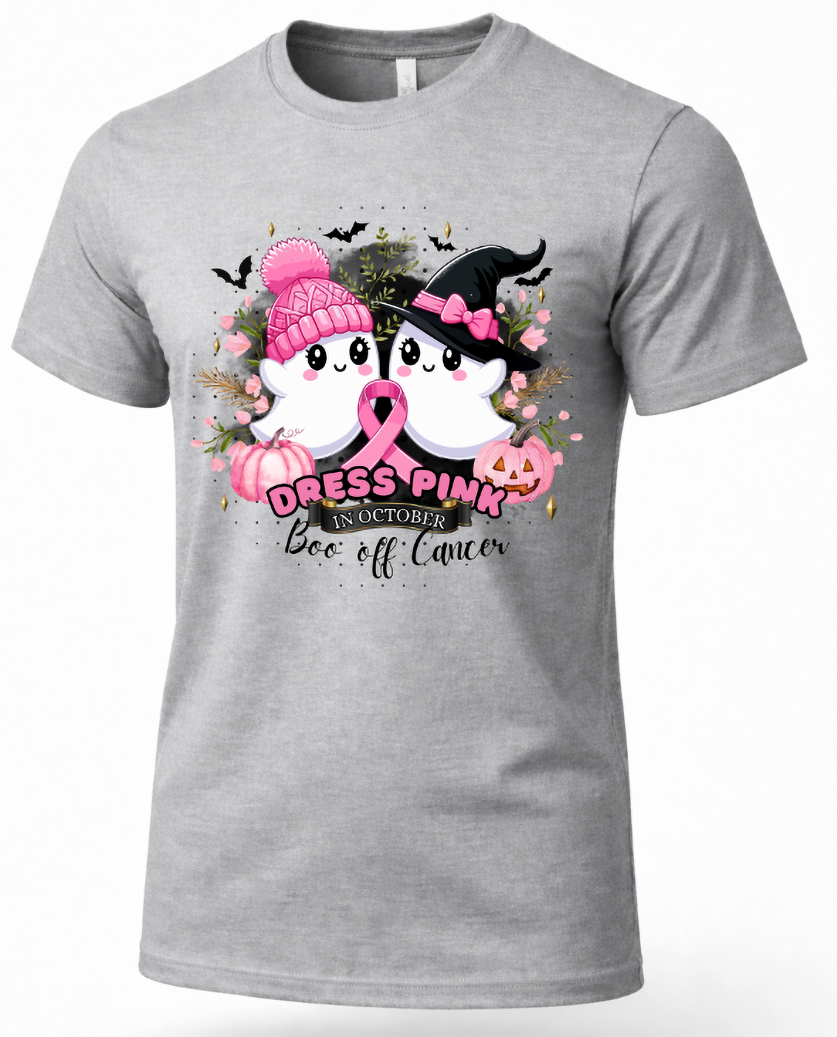 Heather gray breast cancer Halloween shirt with pink ribbon, cute ghosts, witch hat, pink pumpkins, bats and Boo off Cancer graphic.