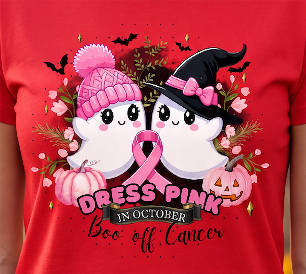 Close-up of breast cancer Halloween design with pink ribbon, cute ghosts, witch hat, pink pumpkins, bats and Boo off Cancer text.