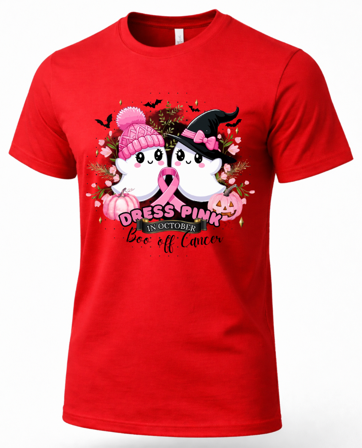 Red breast cancer Halloween shirt featuring cute ghosts, pink awareness ribbon, pink pumpkins, bats and Boo off Cancer graphic.