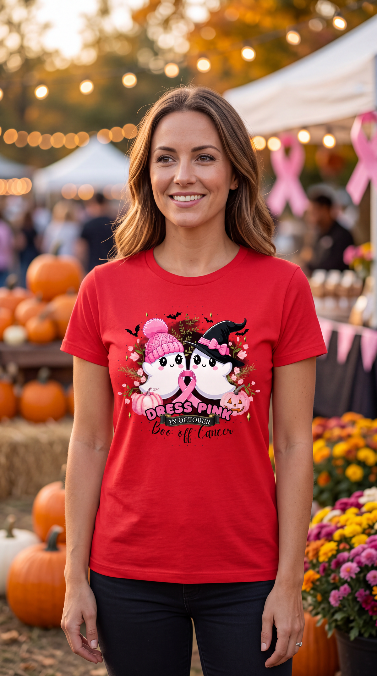 Woman wearing a red breast cancer Halloween shirt with pink ribbon, cute ghosts, pumpkins and Boo off Cancer October design.