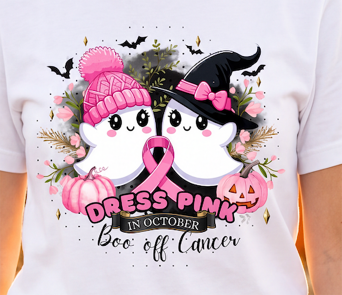 Close-up of pink ribbon Halloween graphic with cute ghosts, pink pumpkins, bats and Dress Pink in October Boo off Cancer message.