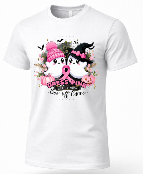 White breast cancer Halloween shirt with pink ribbon, cute ghosts, witch hat, pink pumpkins, bats and October awareness graphic.